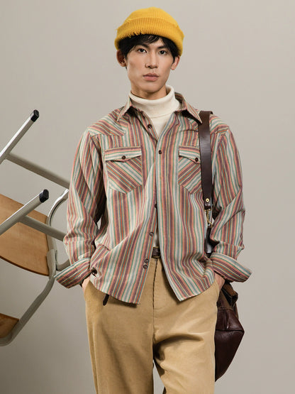 SOARIN美式复古彩虹条纹长袖衬衫男claenfit松弛感双口袋工装衬衣