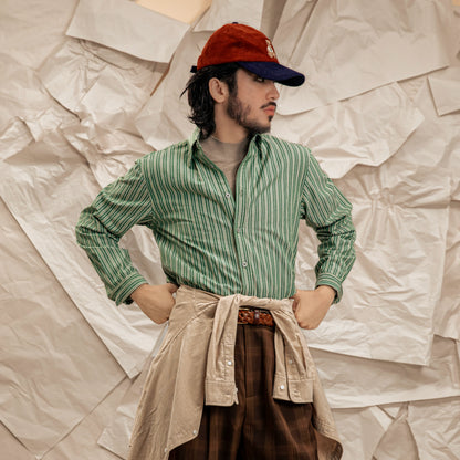 SOARIN英伦复古绿竖条纹衬衫男免烫抗皱商务休闲修身长袖西装衬衣