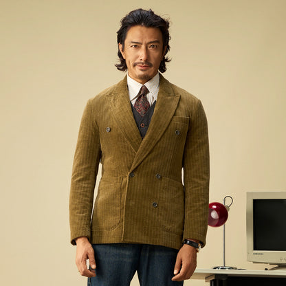 SOARIN英伦风复古灯芯绒西装外套男 老钱风双排扣条纹商务单西服