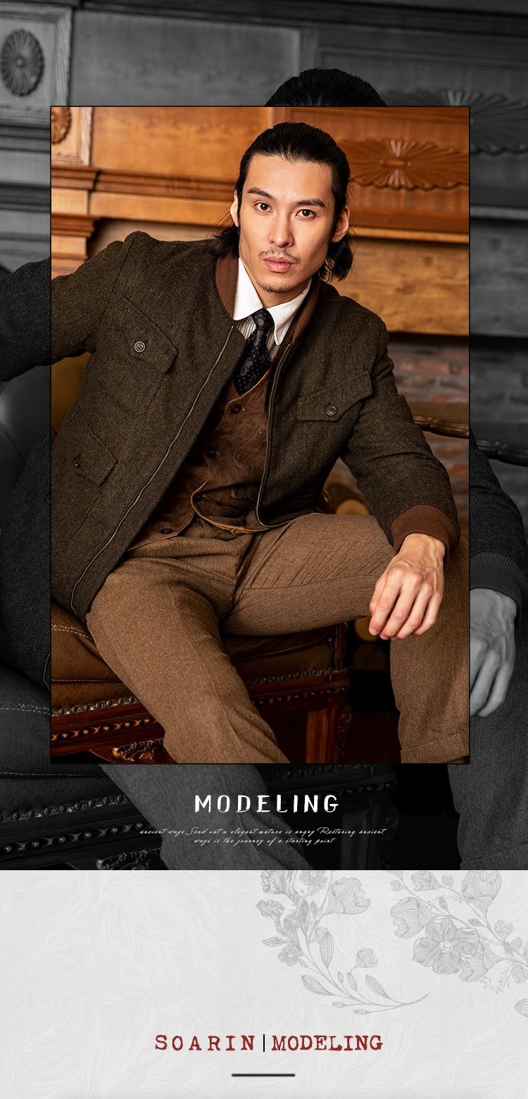 SOARIN英伦风复古毛呢夹克外套男 Vintage古着感粗花呢休闲棒球服