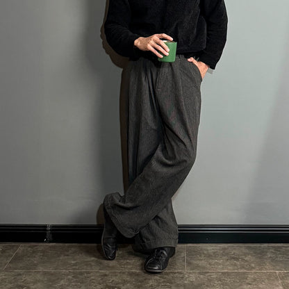 SOARIN英伦风复古条纹高腰裤男 好莱坞纯棉休闲直筒宽松西装长裤