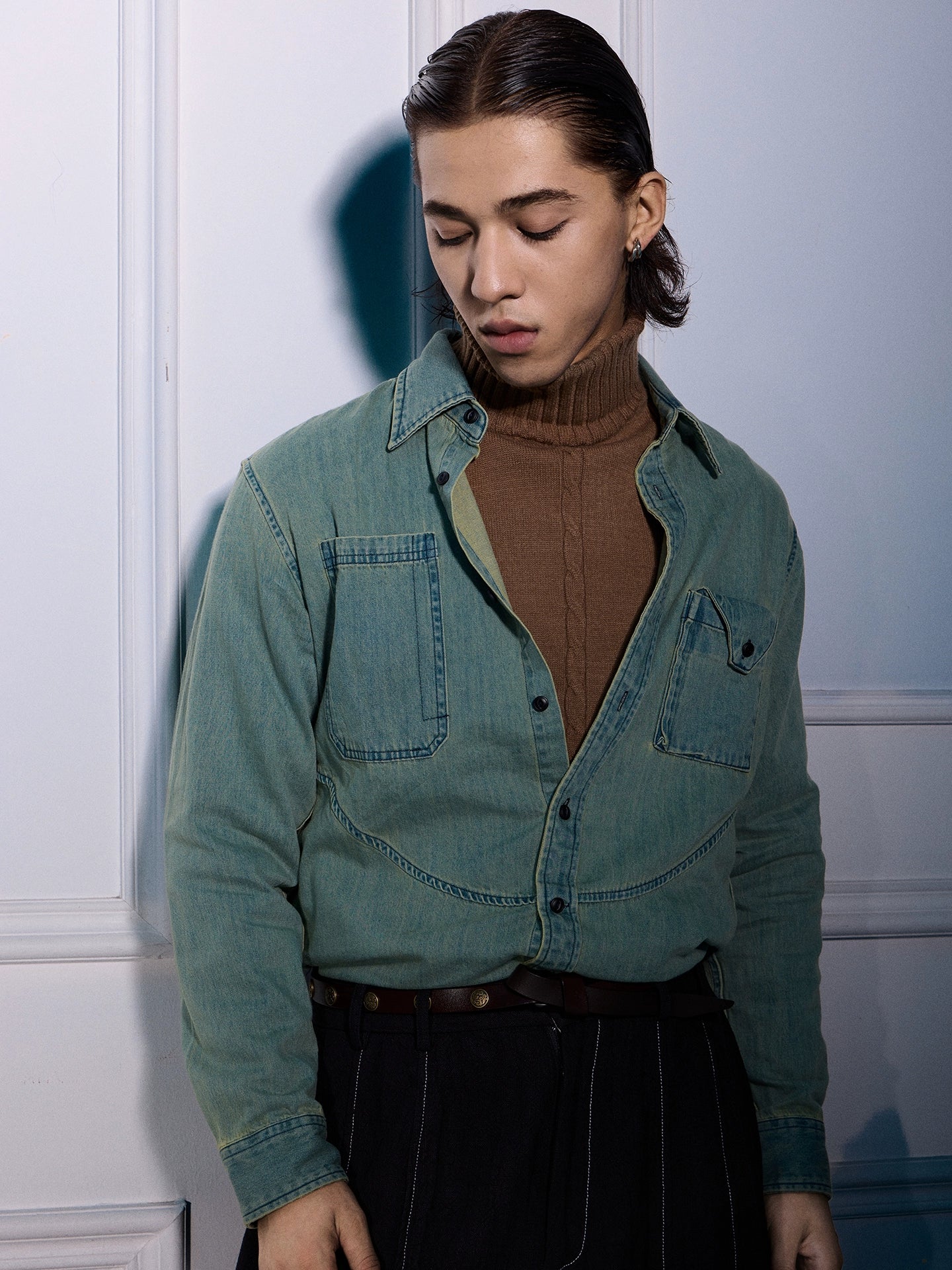 SOARIN【炒色做旧感】美式丹宁牛仔衬衫男设计感痞帅工装长袖衬衣