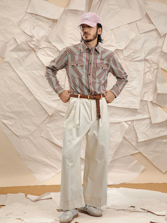 SOARIN美式复古彩虹条纹长袖衬衫男claenfit松弛感双口袋工装衬衣