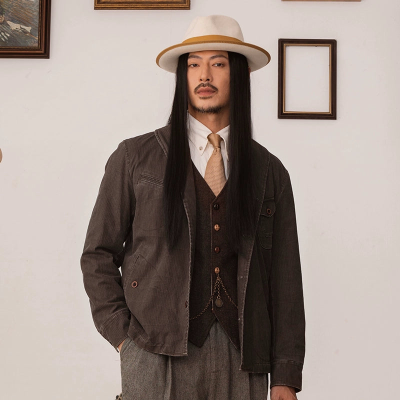 SOARIN【青果领】复古美式工装夹克外套男暗条纹短款飞行员茄克衫