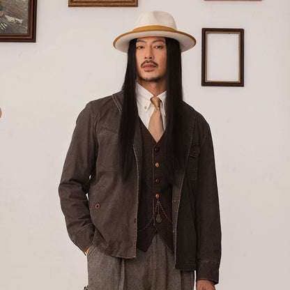 SOARIN【青果领】复古美式工装夹克外套男暗条纹短款飞行员茄克衫