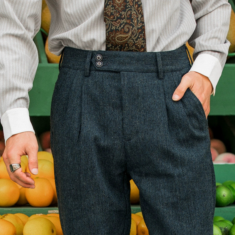 SOARIN英伦复古小脚西装裤男 粗花呢那不勒斯修身痞帅锥形九分裤