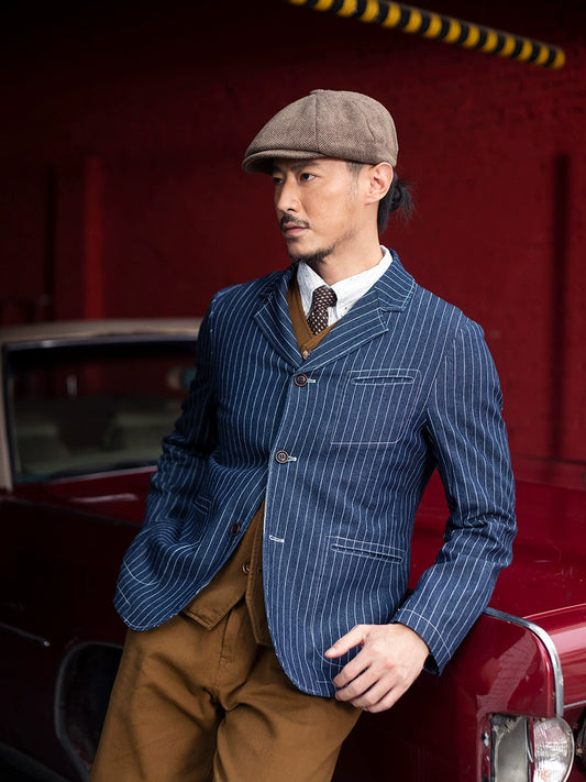 SOARIN美式复古条纹西装外套男 秋冬商务正装休闲牛仔单西服上衣