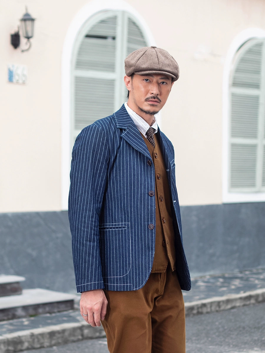 SOARIN美式复古条纹西装外套男 秋冬商务正装休闲牛仔单西服上衣