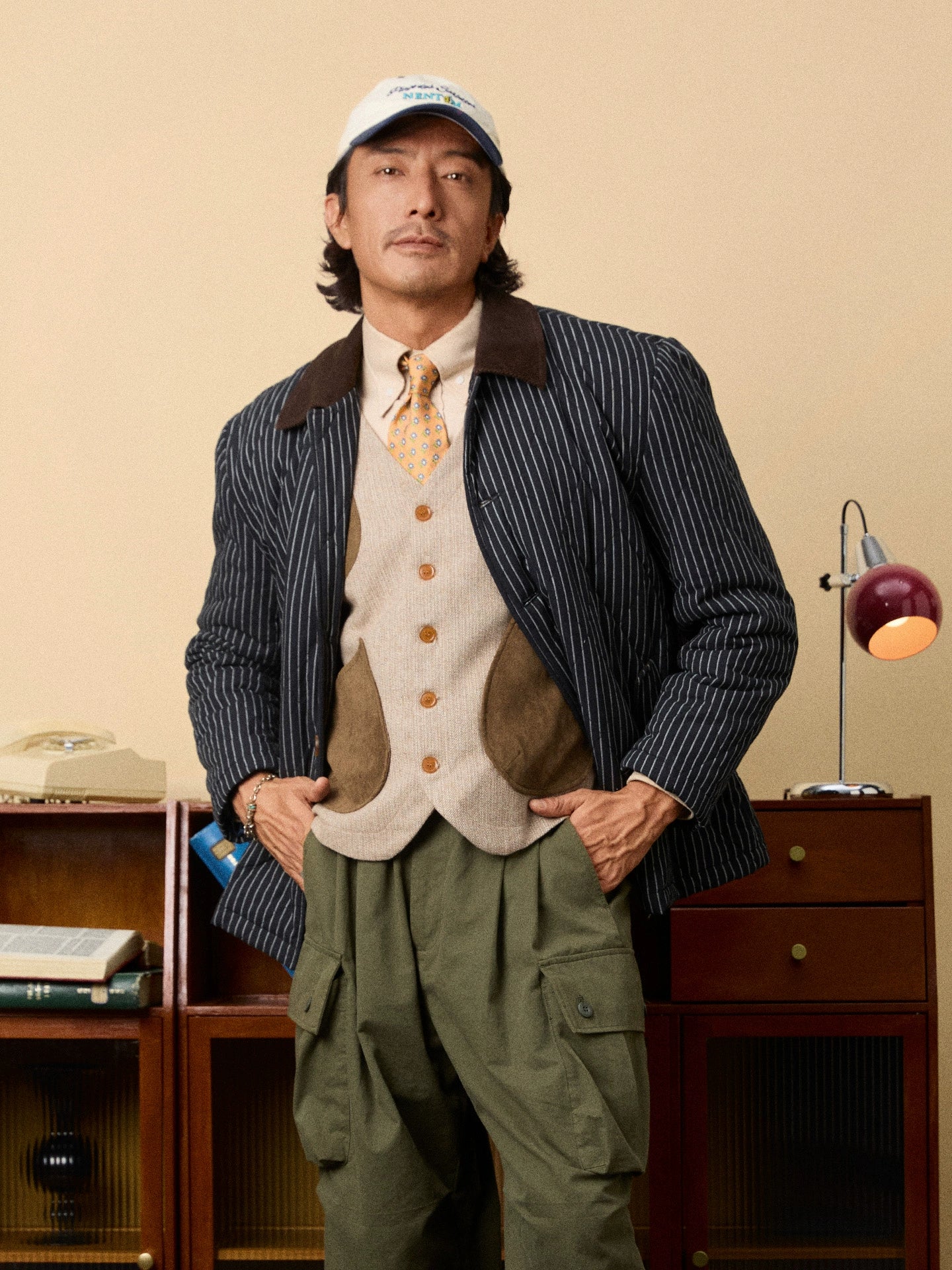 SOARIN美式工装复古内胆夹棉外套男 保暖菱形绗缝条纹棉袄夹克