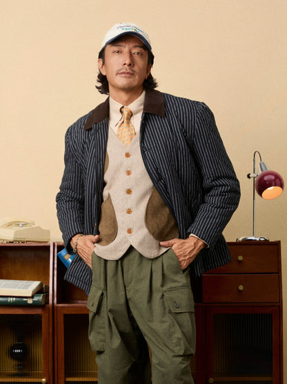 SOARIN美式工装复古内胆夹棉外套男 保暖菱形绗缝条纹棉袄夹克