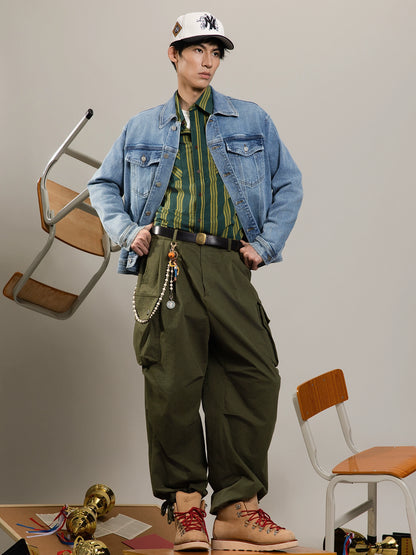 SOARIN美式复古重磅水洗牛仔夹克男 翻领双口袋做旧感工装外套