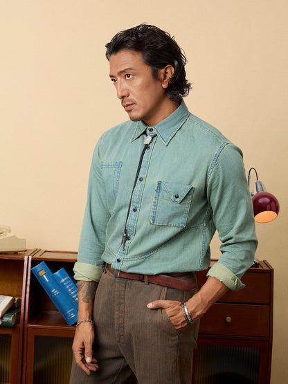 SOARIN【炒色做旧感】美式丹宁牛仔衬衫男设计感痞帅工装长袖衬衣