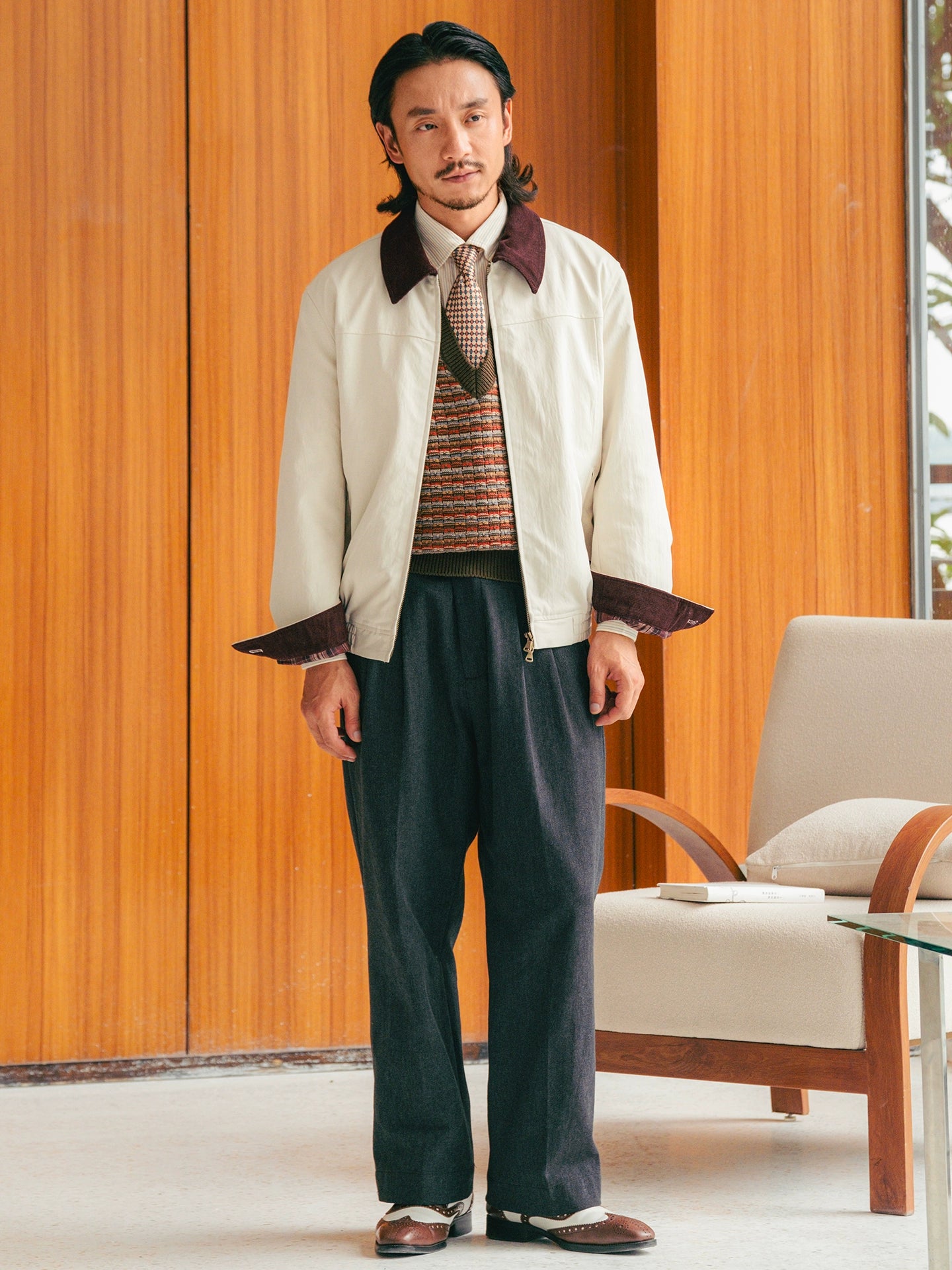 SOARIN美式复古底特律夹克男 撞色翻领简约休闲宽松短款拉链外套