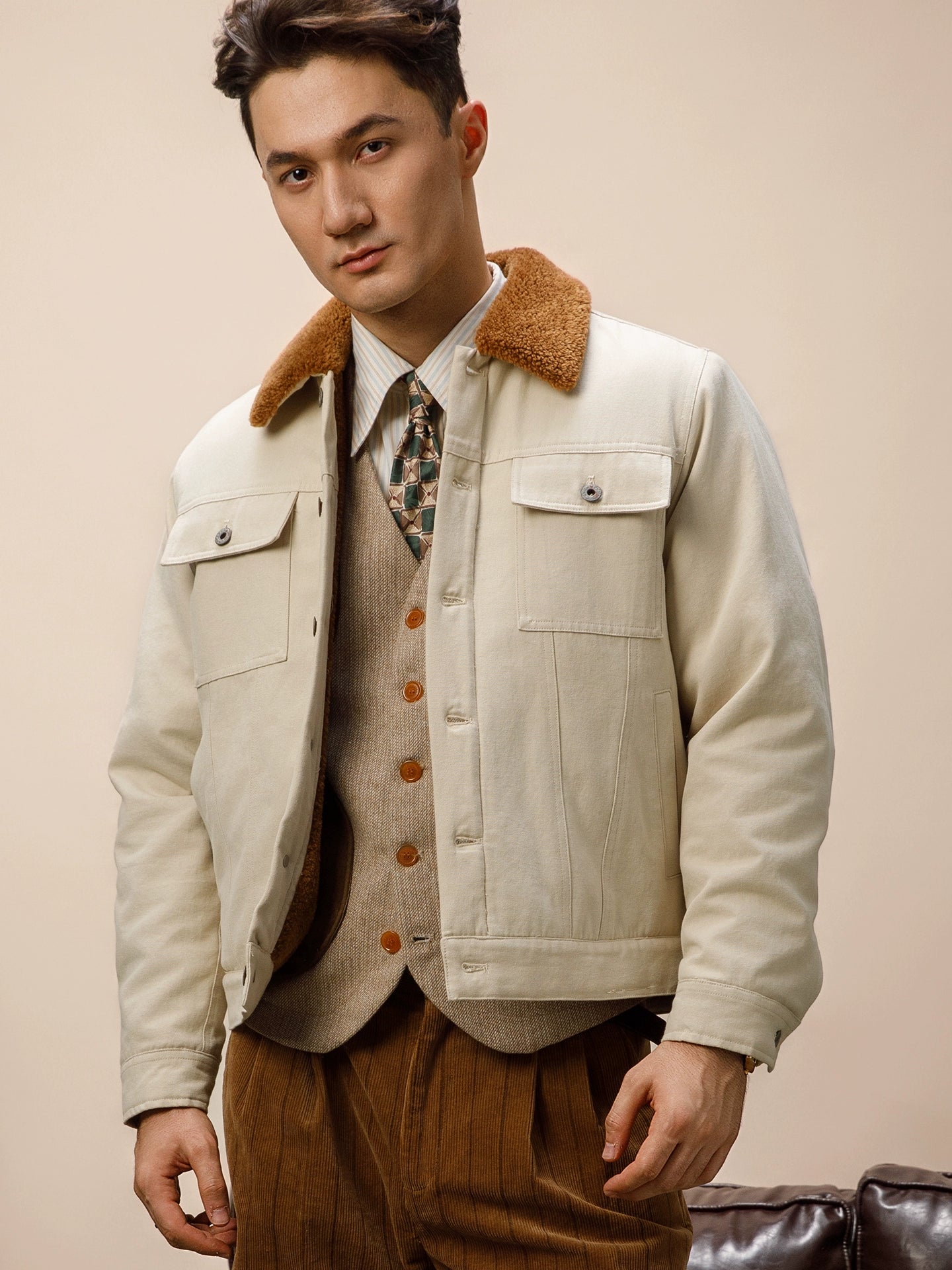 SOARIN美式复古翻领帆布羊羔绒夹克男 阿美咔叽摇粒绒飞行员外套