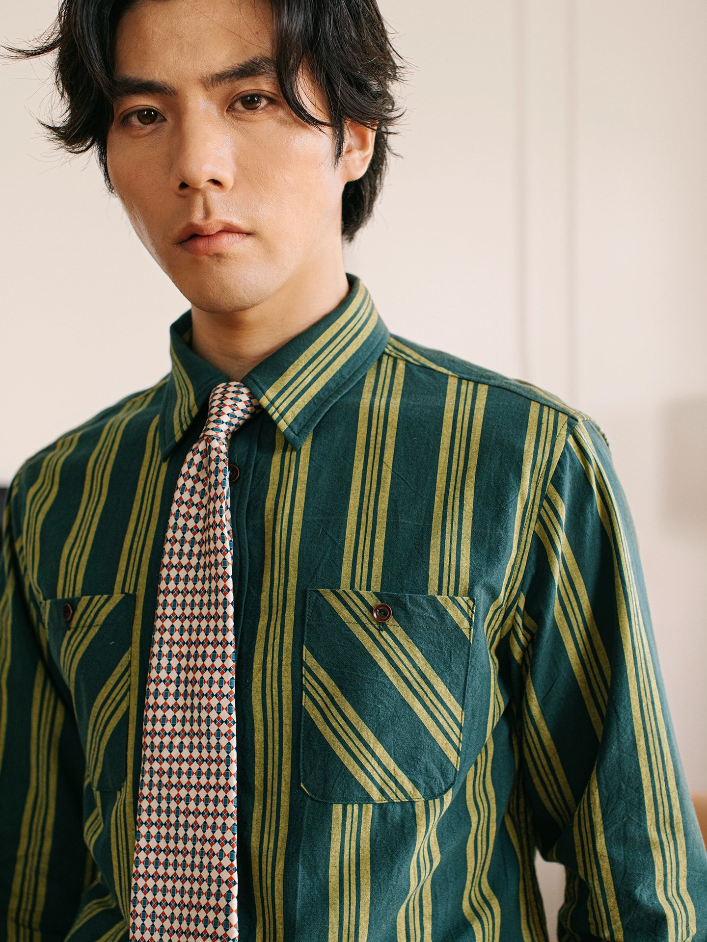 SOARIN美式工装绿条纹长袖衬衫男 慵懒风双口袋休闲宽松棉麻衬衣