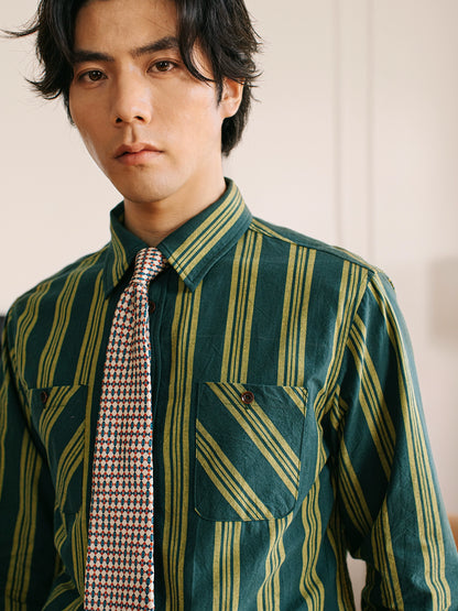 SOARIN美式工装绿条纹长袖衬衫男 慵懒风双口袋休闲宽松棉麻衬衣
