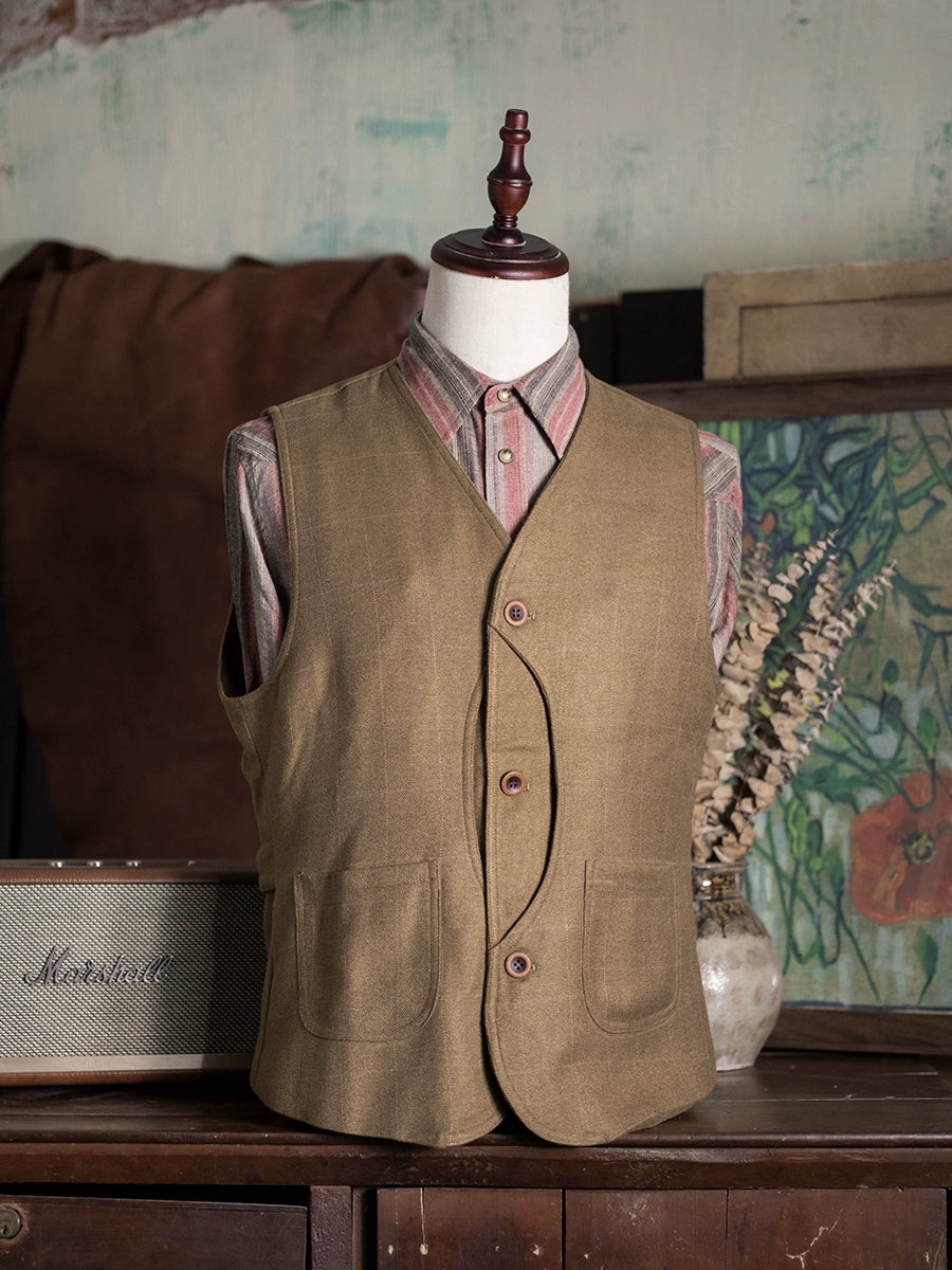 SOARIN美式复古格子马甲背心男 阿美咔叽休闲工装格纹西装马夹冬