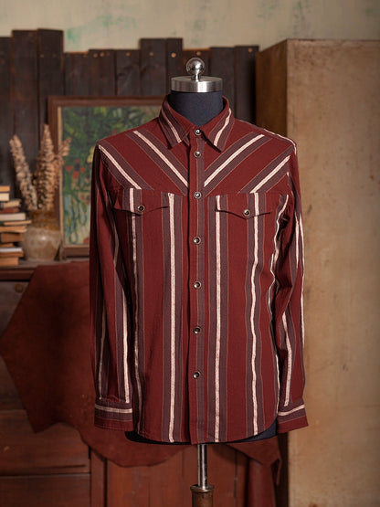 SOARIN美式复古红色大条纹长袖衬衫男阿美咔叽西部风休闲工装衬衣