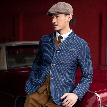 SOARIN美式复古条纹西装外套男 秋冬商务正装休闲牛仔单西服上衣