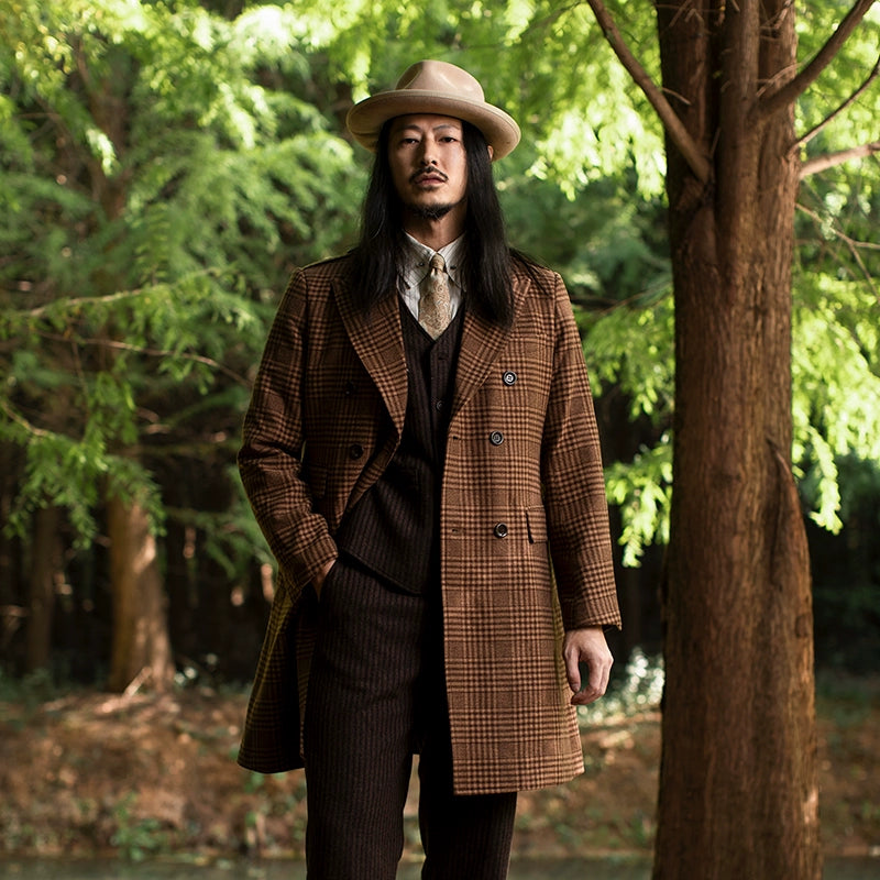 SOARIN英伦风复古格子双排扣大衣外套男 冬季中长款呢子马球风衣