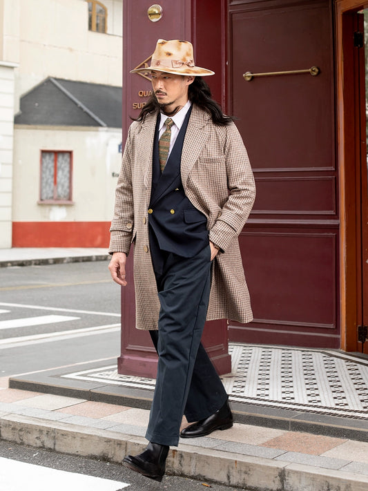 SOARIN英伦风复古千鸟格大衣外套男 秋冬格子羊毛呢子中长款风衣