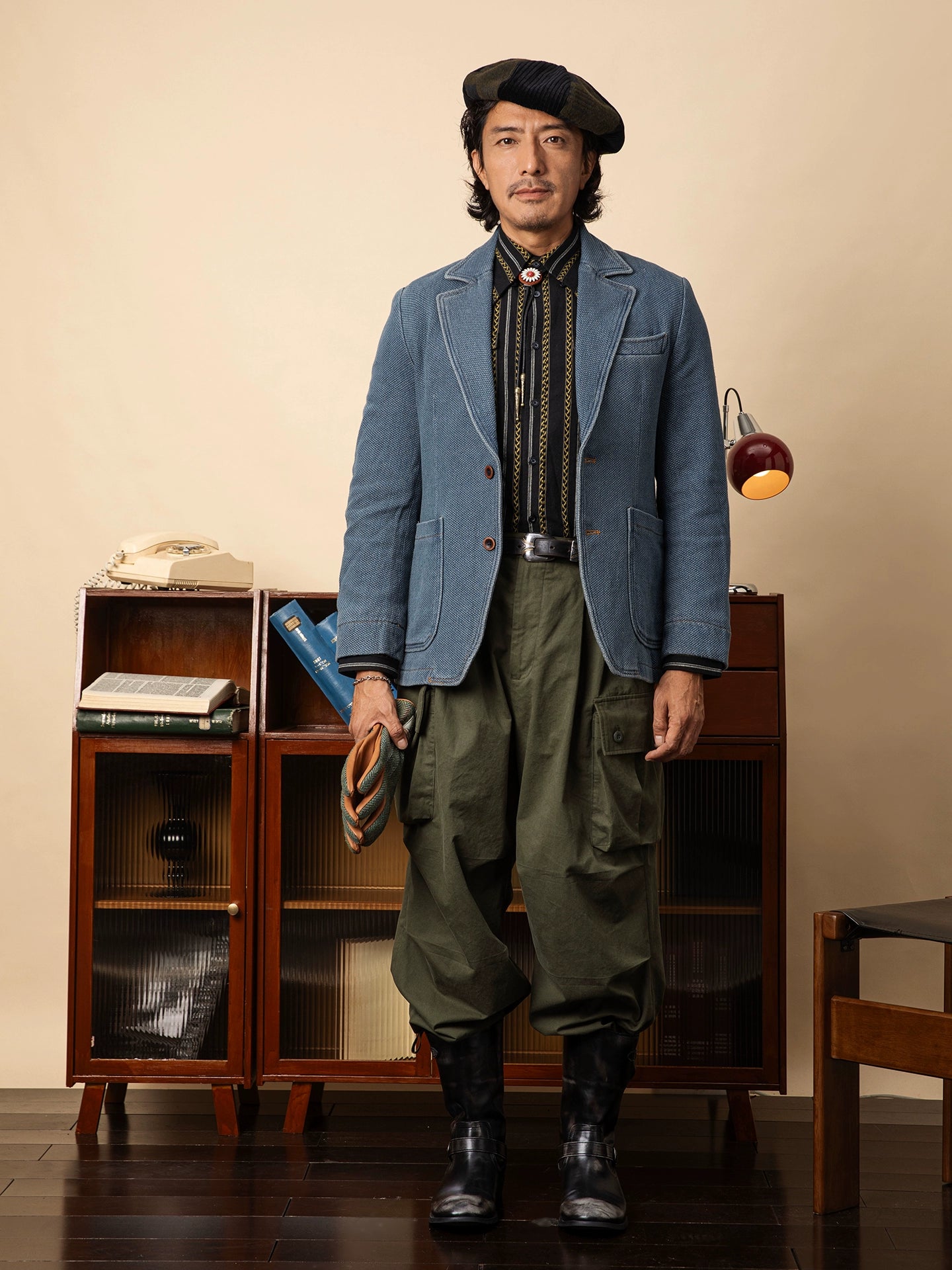 SOARIN复古老钱风牛仔西装外套男华夫格洗水蓝休闲青年痞帅单西服