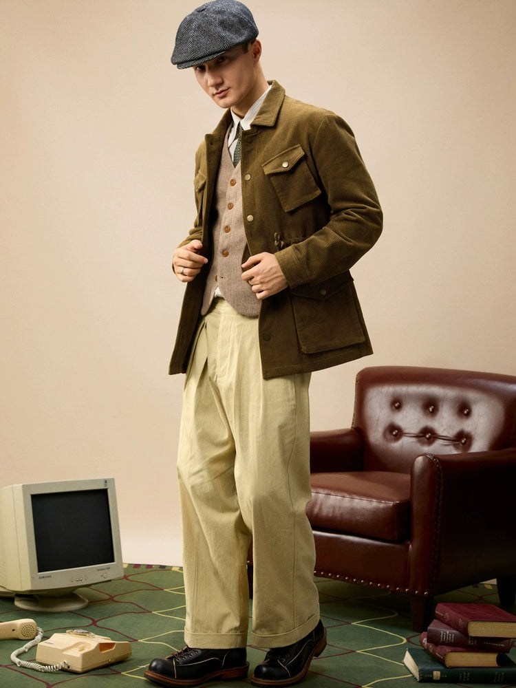 SOARIN美式复古灯芯绒外套男 阿美咔叽军装休闲多口袋猎装式夹克