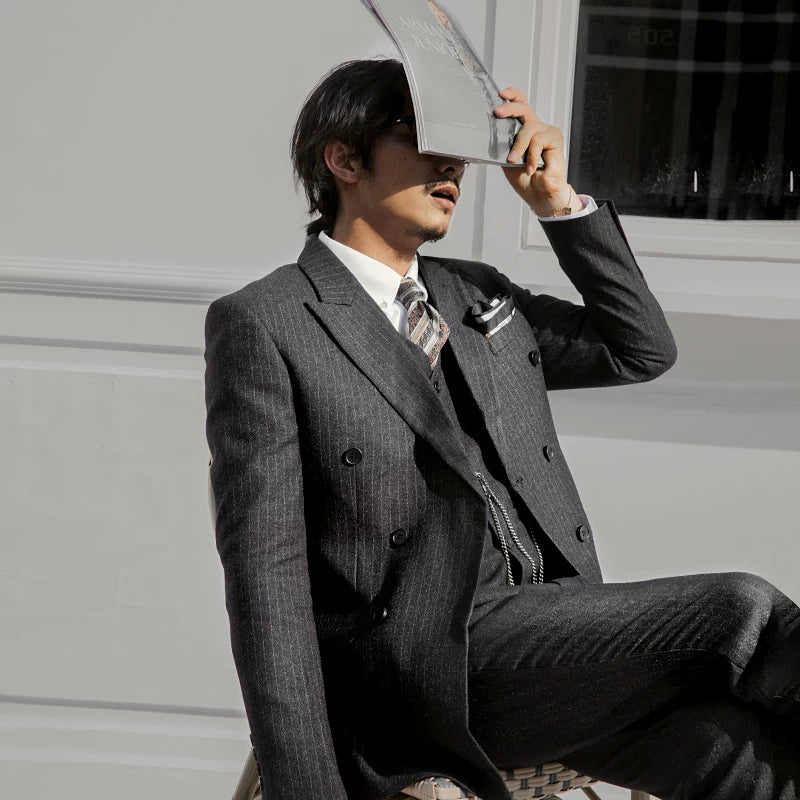 SOARIN British Retro Relaxed Fit Pinstripe Woolen Double-Breasted Suit Jacket  DY63XZ03