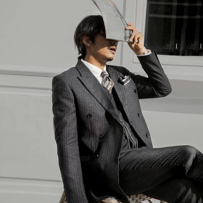 SOARIN British Retro Relaxed Fit Pinstripe Woolen Double-Breasted Suit Jacket  DY63XZ03