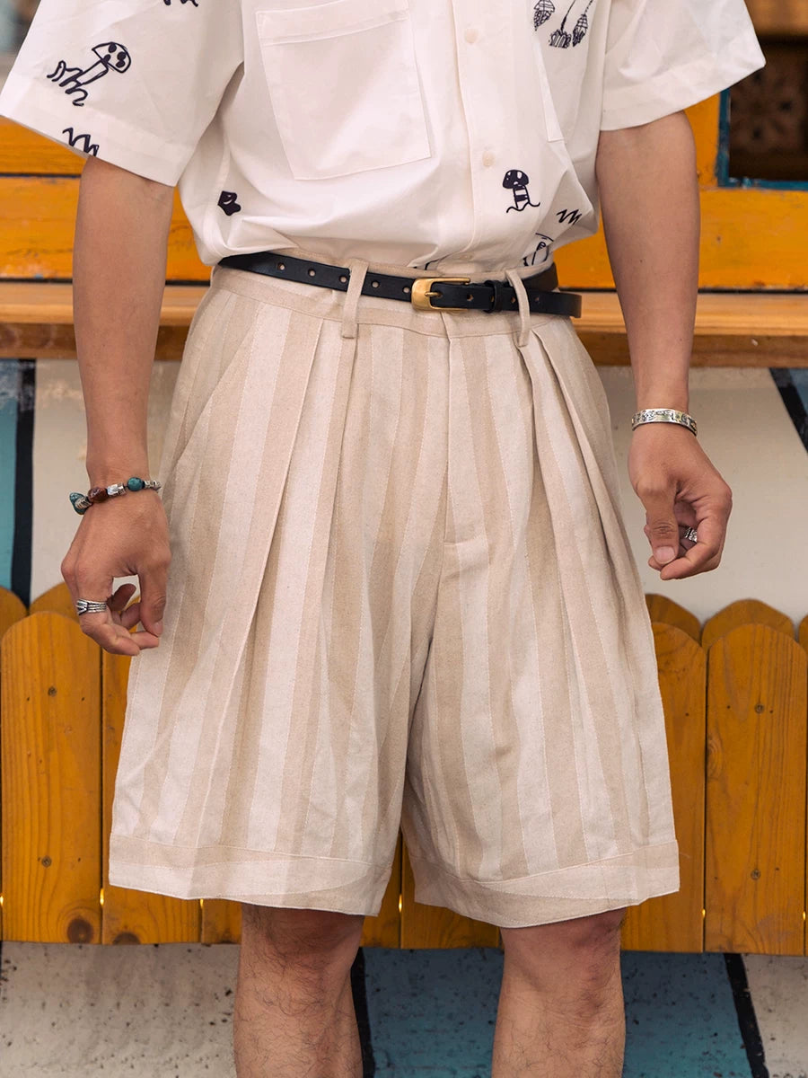 SOARIN Vintage Wide Leg Cotton Linen Striped Shorts JUKZ242TF159