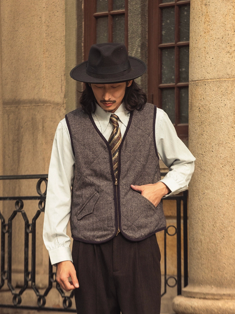 SOARIN英伦风复古菱形格羊毛西装马甲男 冬季人字纹棉服马夹背心