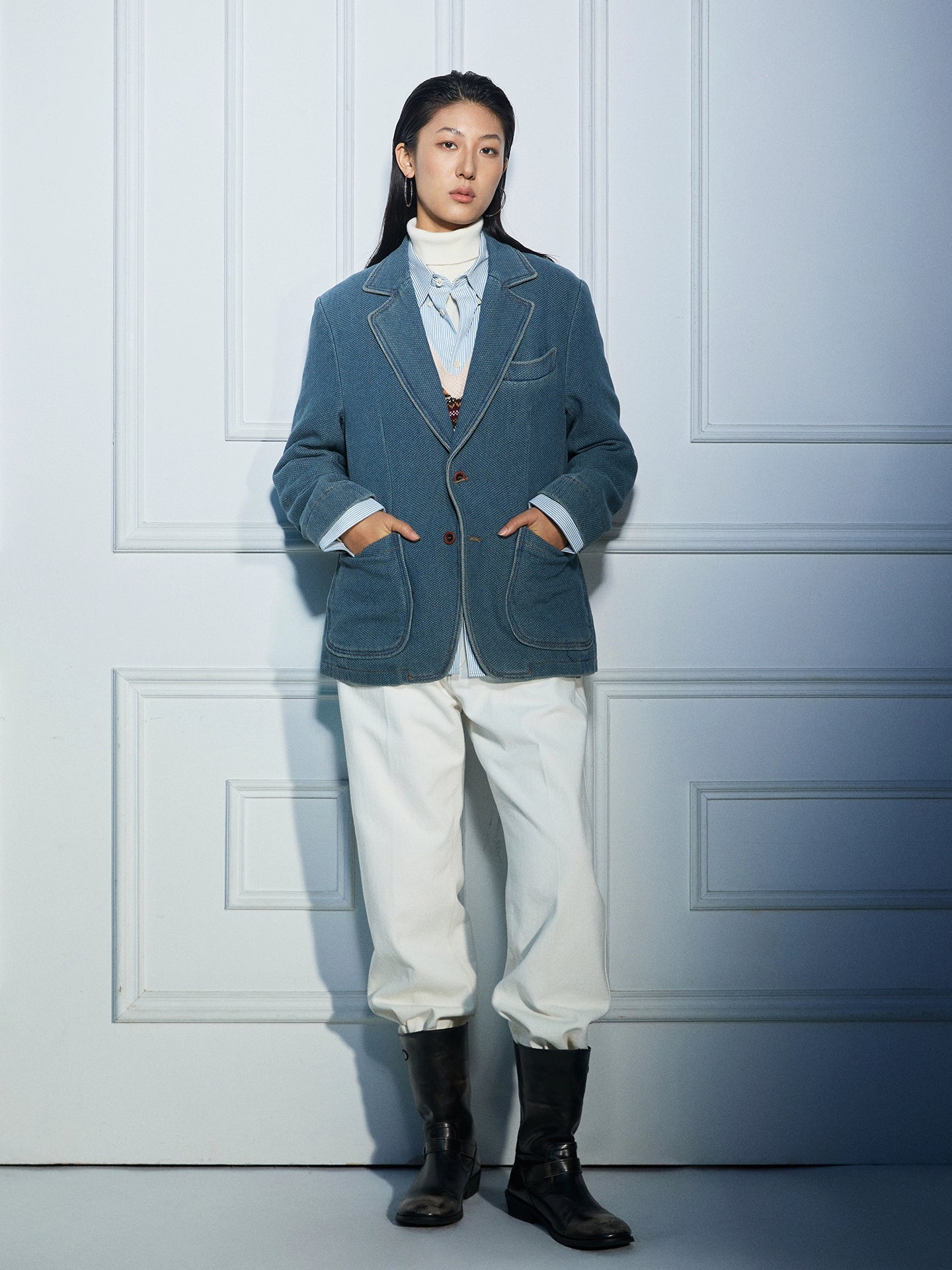 SOARIN复古老钱风牛仔西装外套男华夫格洗水蓝休闲青年痞帅单西服