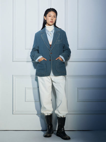 SOARIN复古老钱风牛仔西装外套男华夫格洗水蓝休闲青年痞帅单西服