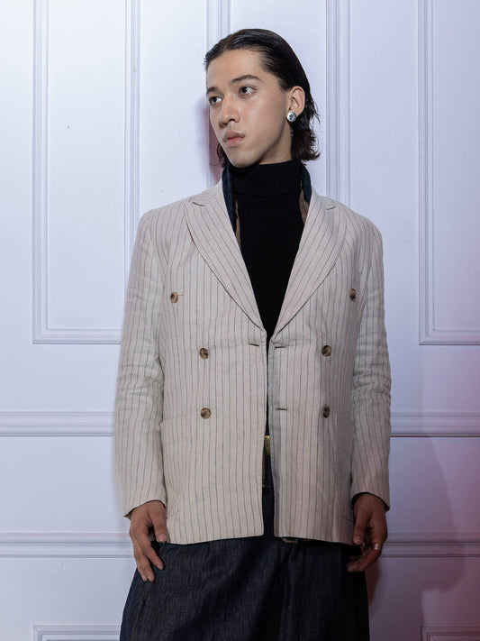 SOARIN雅痞英式条纹西装外套男 戗驳领双排扣商务休闲痞帅单西服