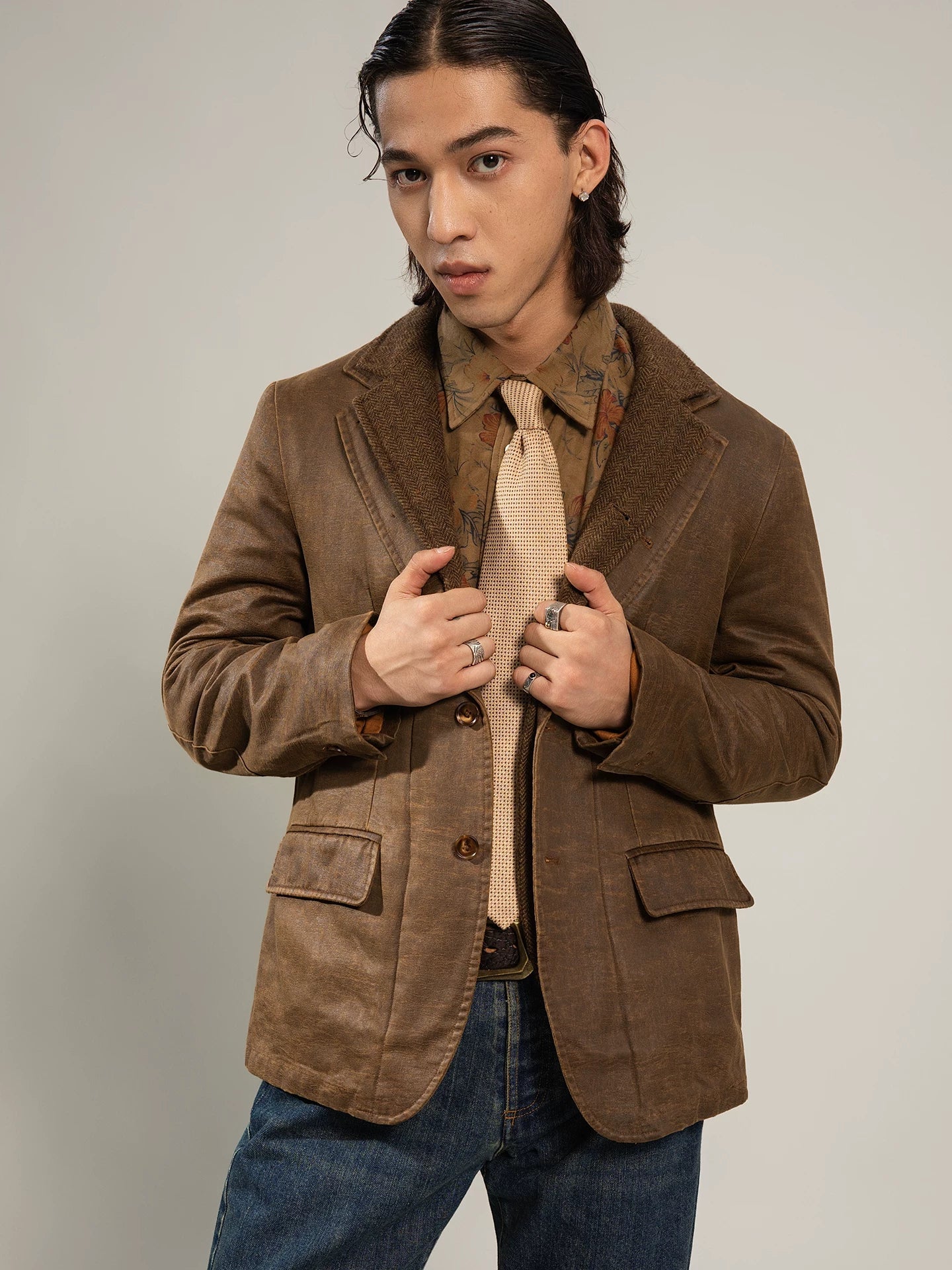 SOARIN Smart Casual Regular Fit Faux Leather and Wool Blend Blazer Z93W211