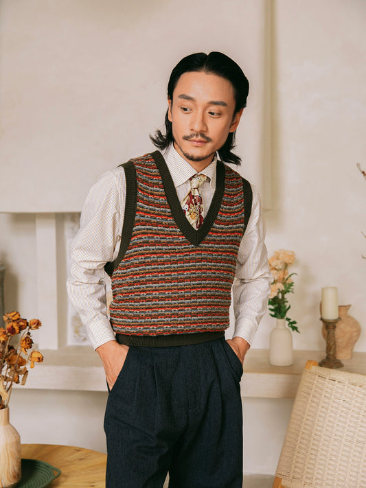 SOARIN复古民族风费尔岛毛衣男女款 vintage古着套头提花针织背心