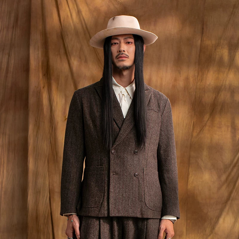 SOARIN WORLD Gai Yu Xia Vintage Heritage Relaxed Fit Wool Blend Herringbone Blazer DCZ233TXZ21