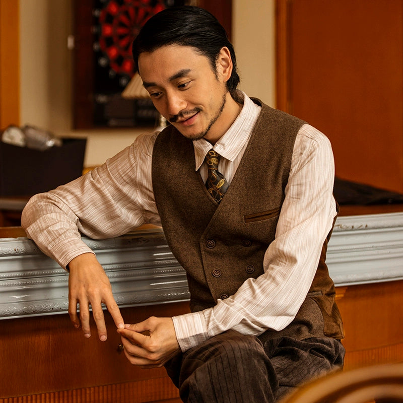 SOARIN英伦复古双排扣西装马甲男 毛呢拼接商务休闲修身马夹背心