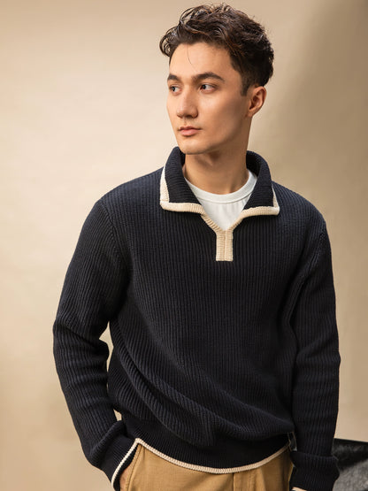 SOARIN意式那不勒斯翻领针织毛衣男高级感绅装商务休闲坑条毛线衣