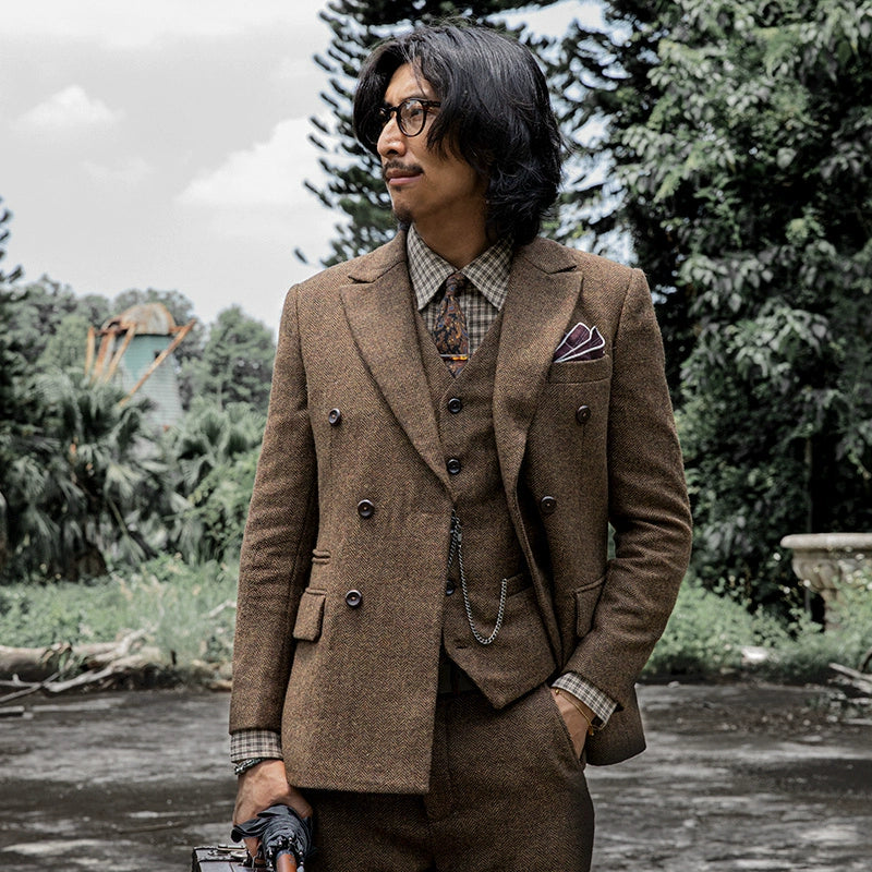 SOARIN英伦复古双排扣西服男 羊毛呢人字纹商务休闲修身西装外套