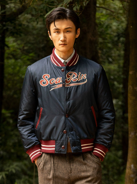 SOARIN美式复古棒球服外套男 常青藤学院风休闲宽松刺绣棉服夹克