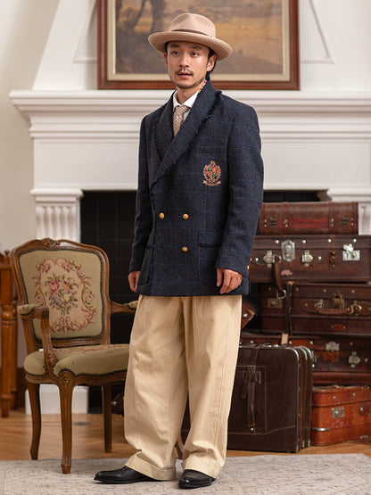 SOARIN复古经典常青藤格子西装外套男 双排扣徽章校园风羊毛西服