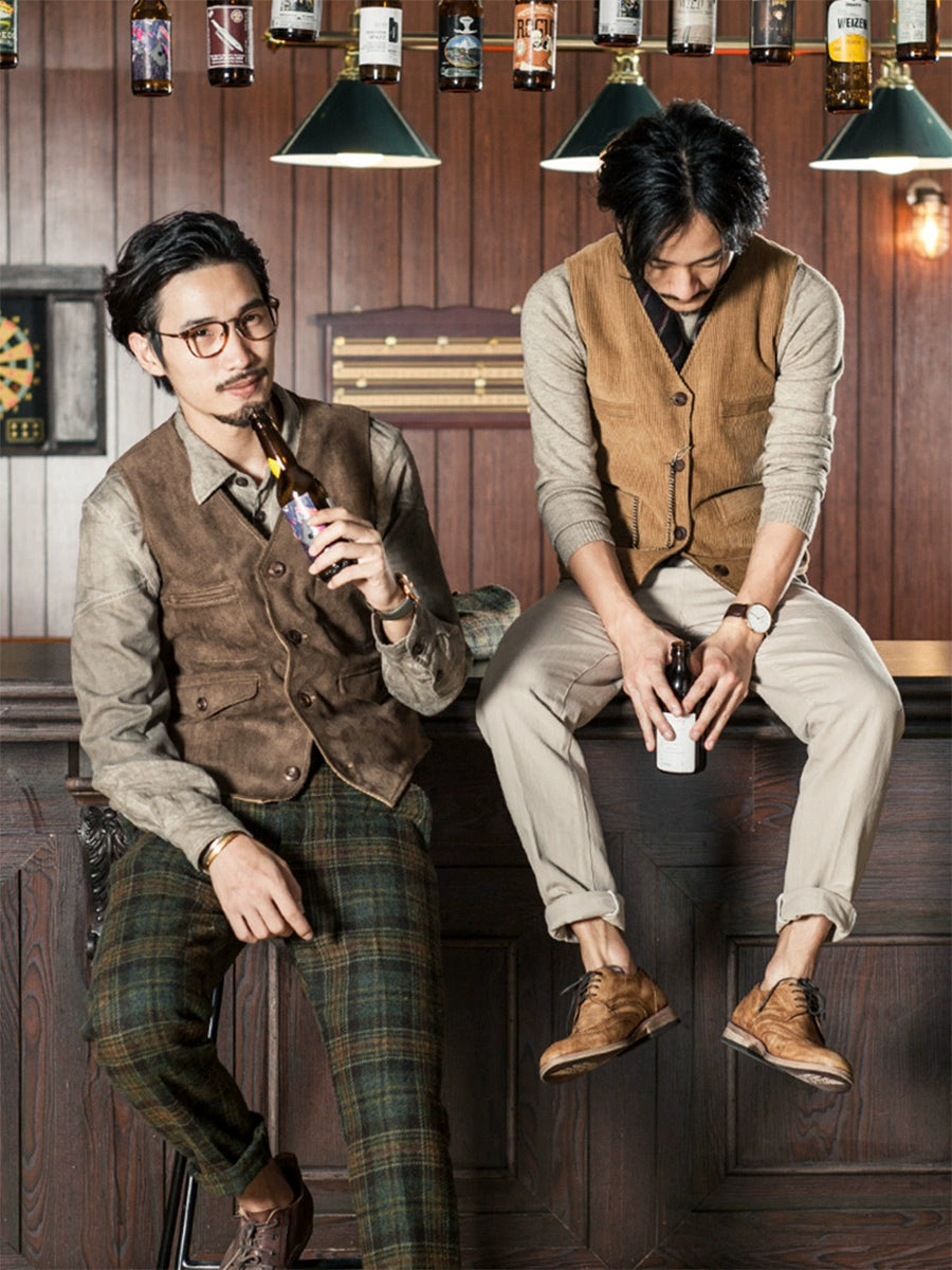 SOARIN【双面穿】西部风灯芯绒马甲男复古美式工装鹿皮绒马夹背心