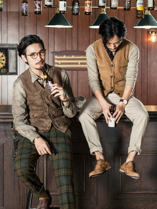 SOARIN【双面穿】西部风灯芯绒马甲男复古美式工装鹿皮绒马夹背心