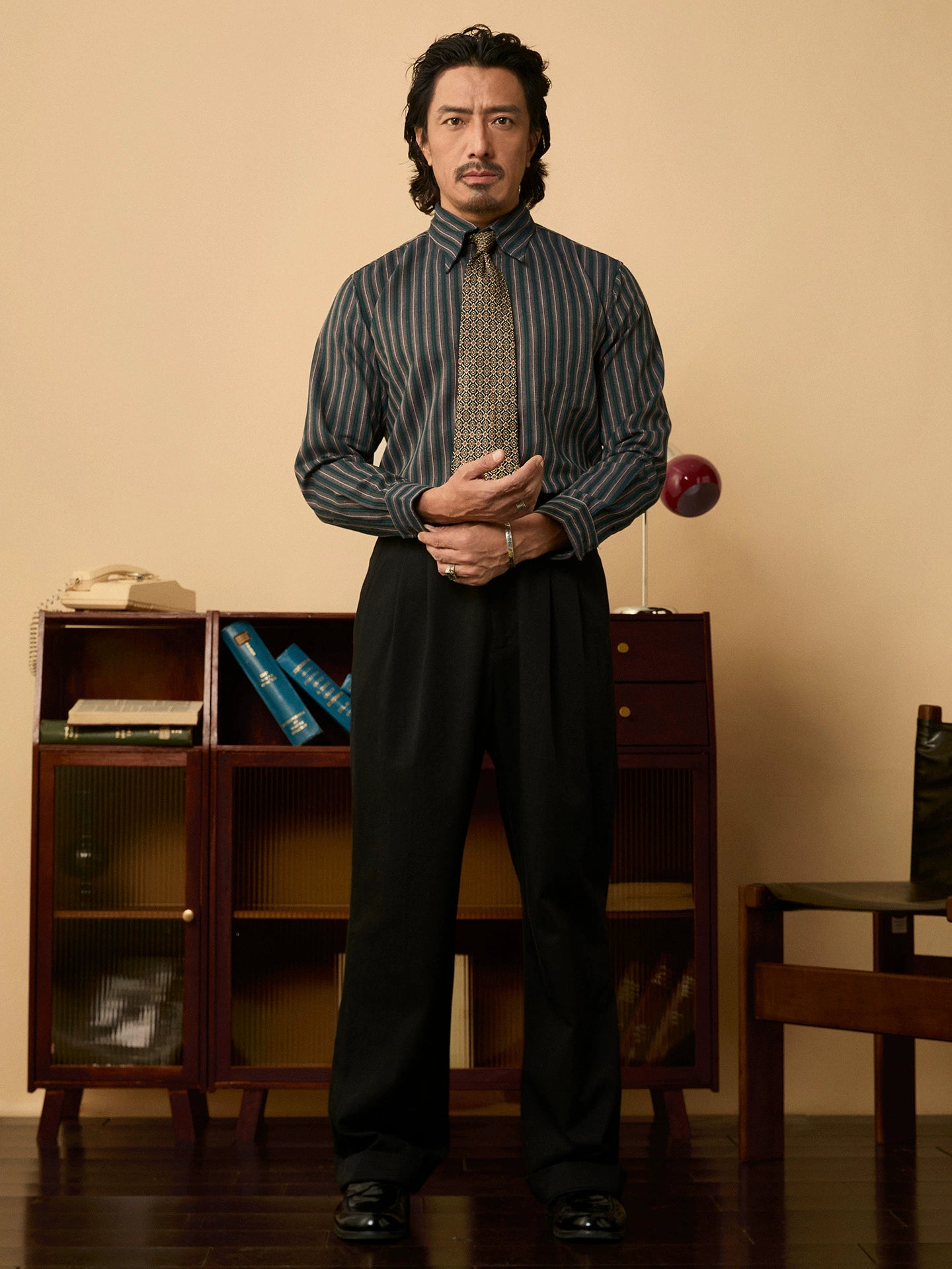 SOARIN英伦风复古粗条纹长袖衬衫男 尖领商务休闲修身西装衬衣