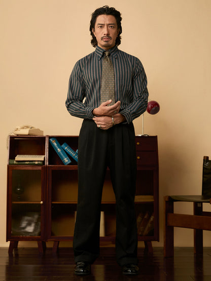 SOARIN英伦风复古粗条纹长袖衬衫男 尖领商务休闲修身西装衬衣