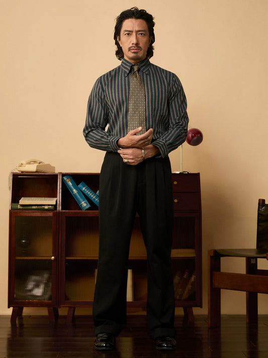 SOARIN英伦风复古粗条纹长袖衬衫男 尖领商务休闲修身西装衬衣