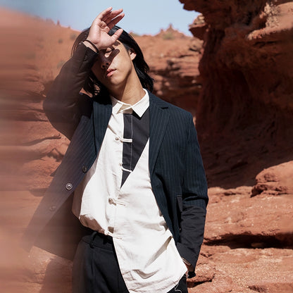 SOARIN英伦风复古条纹西装外套男 秋冬雅痞拼接商务休闲修身西服