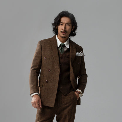SOARIN英伦复古双排扣西服男 羊毛呢人字纹商务休闲修身西装外套