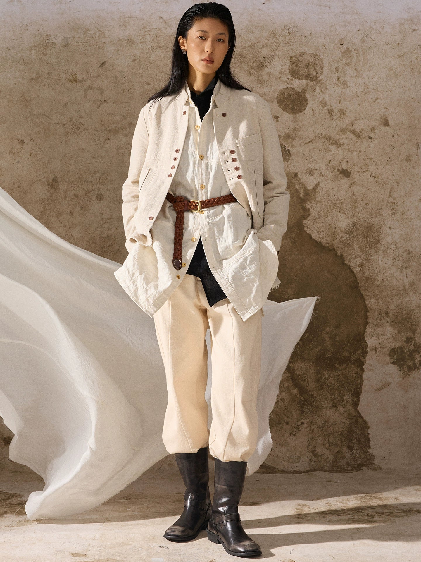 SOAIRN独立复古立领棉麻西装外套男 新中式双排扣毛边休闲单西服